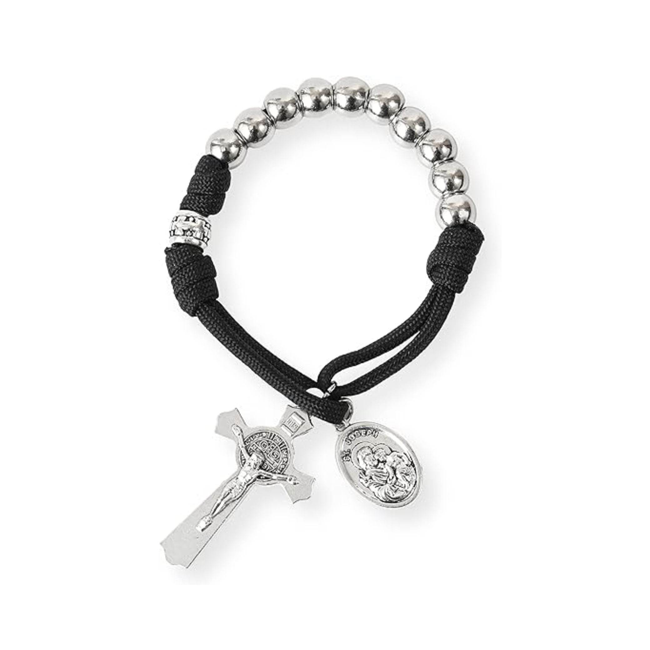 Silver Beads Black Paracord Pocket Car Rosary St. Joseph Medal & St. Benedict Cross - Nazareth Store