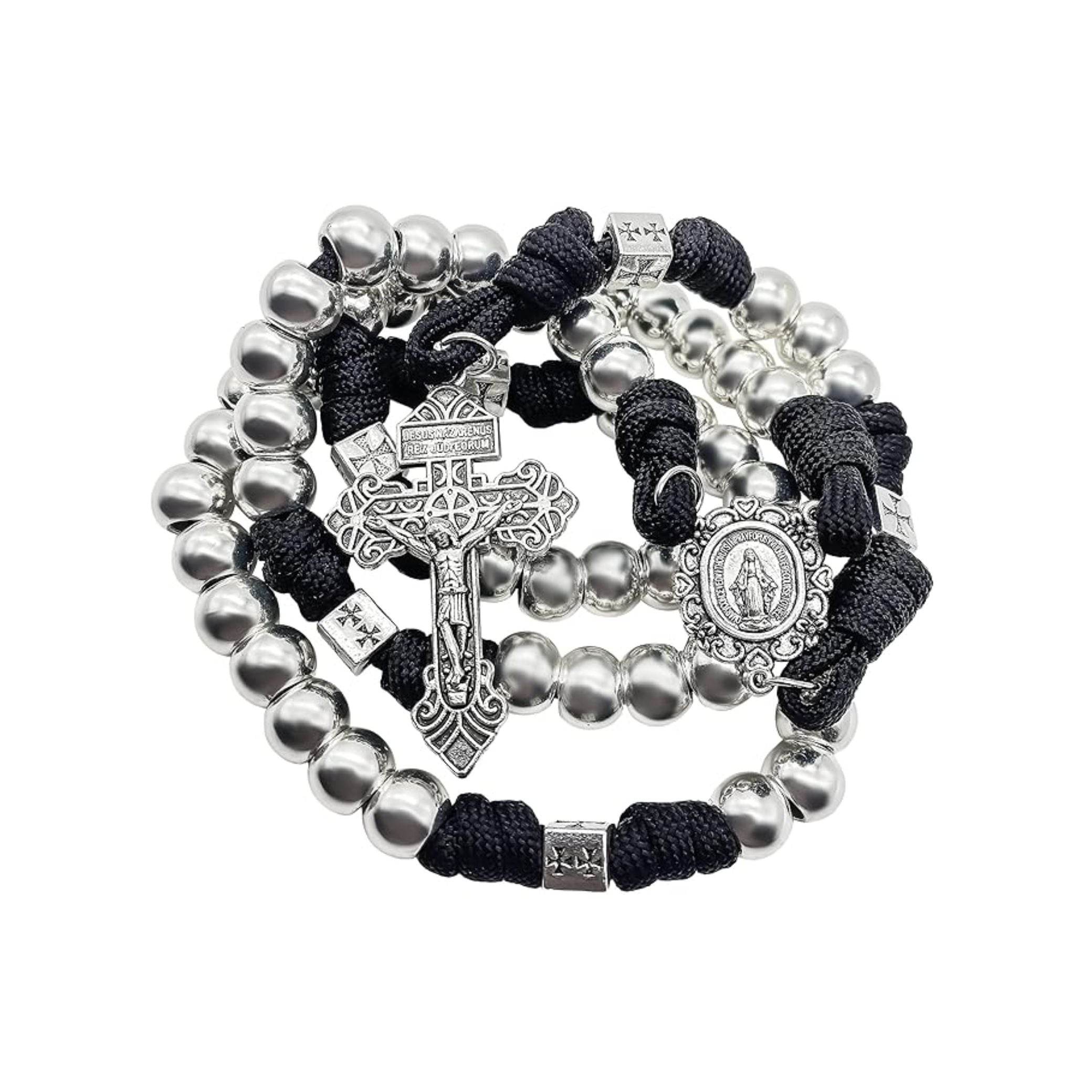 Silver Beads Paracord Rosary Necklace with Miraculous Medal & Pardon Crucifix - Nazareth Store