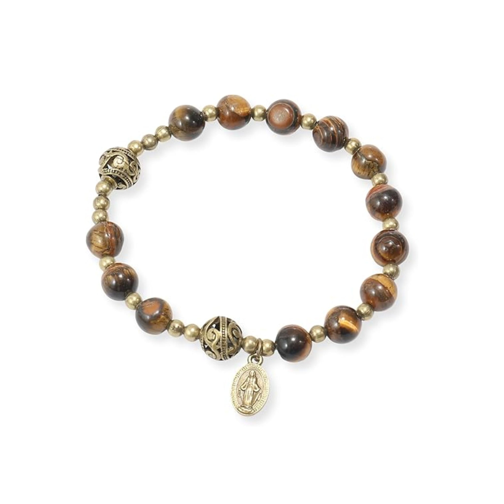 Tiger Eye Stone Beads Durable and Elegant Wrist Bracelet Rosary with Metal Separators and Catholic St. Benedict Medal Nazareth Store