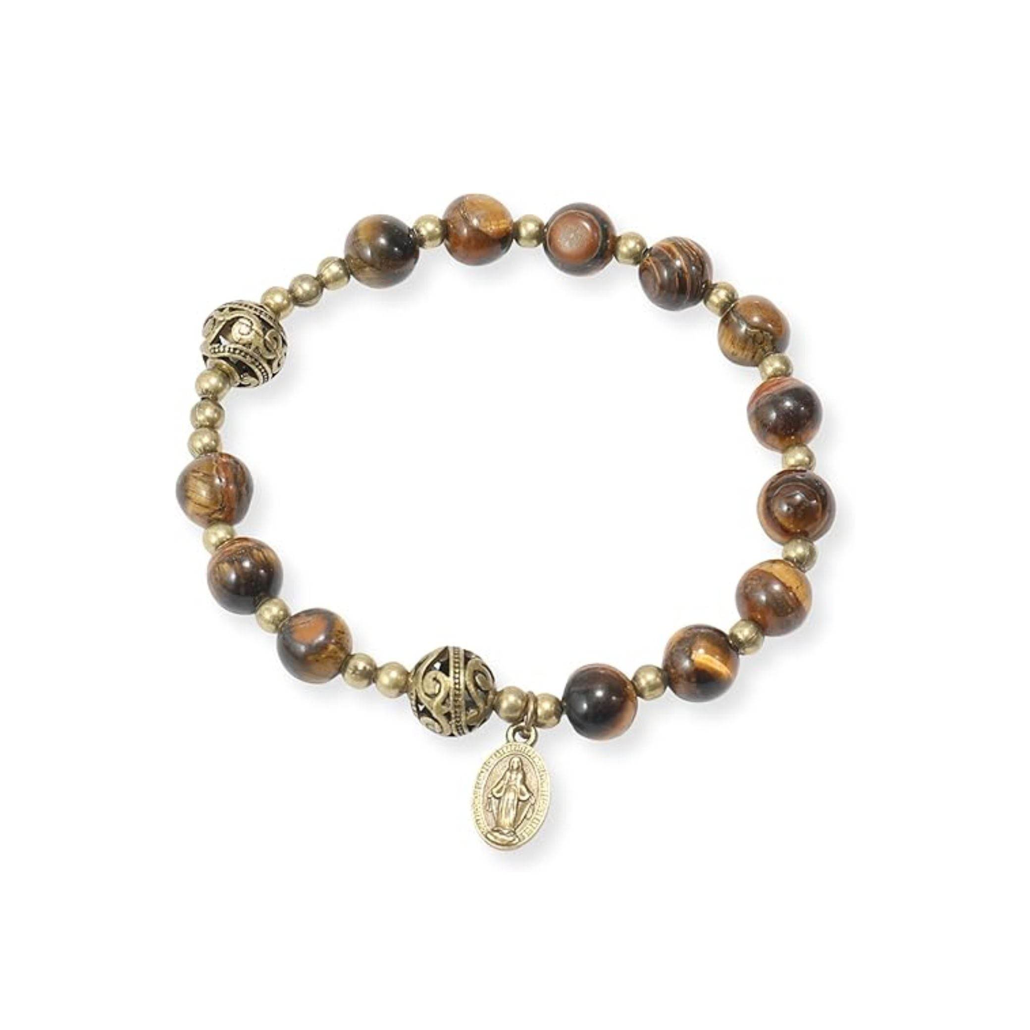 Tiger Eye Stone Beads Wrist Bracelet Rosary with Metal Separators and St. Benedict Medal - Nazareth Store
