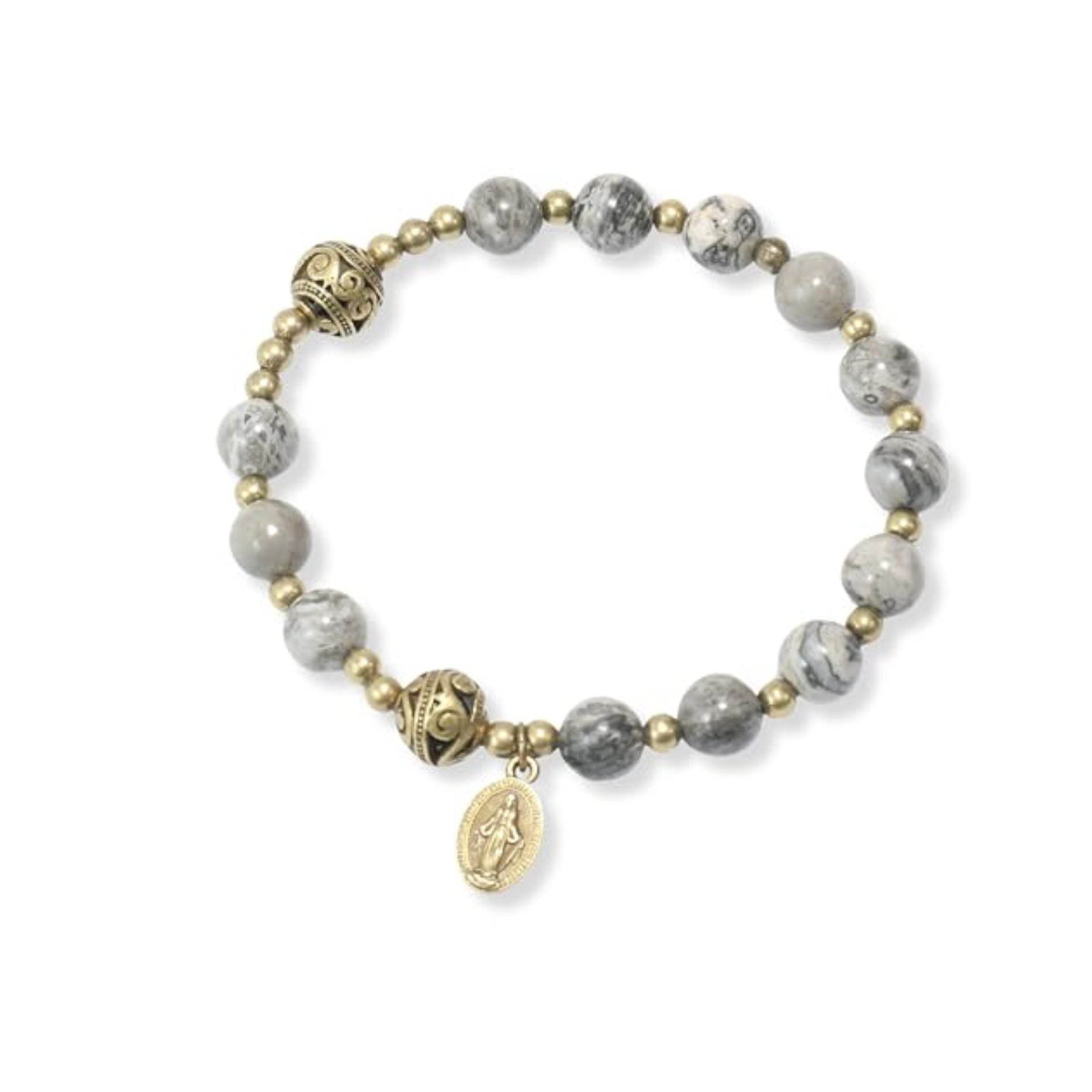 Map Stone Stone Beads Rosary Bracelet with Metal Separators and Catholic Miraculous Medal - Nazareth Store