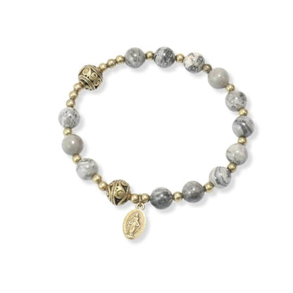 Map Stone Stone Beads Rosary Bracelet with Metal Separators and Catholic Miraculous Medal - Nazareth Store