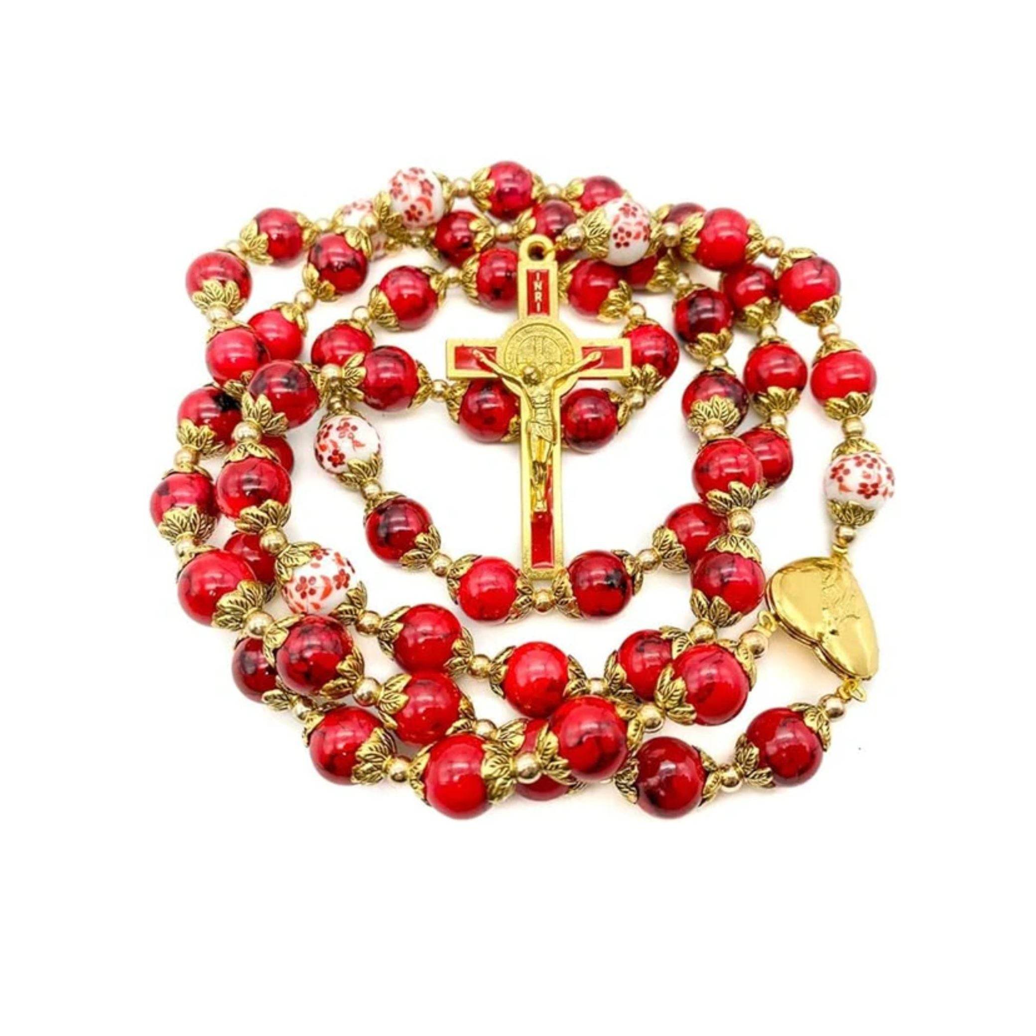 Red Rosary Beads Necklace with Saint Benedict Medal, Flower Mystery Bead, Miraculous Medal Locket - Nazareth Store
