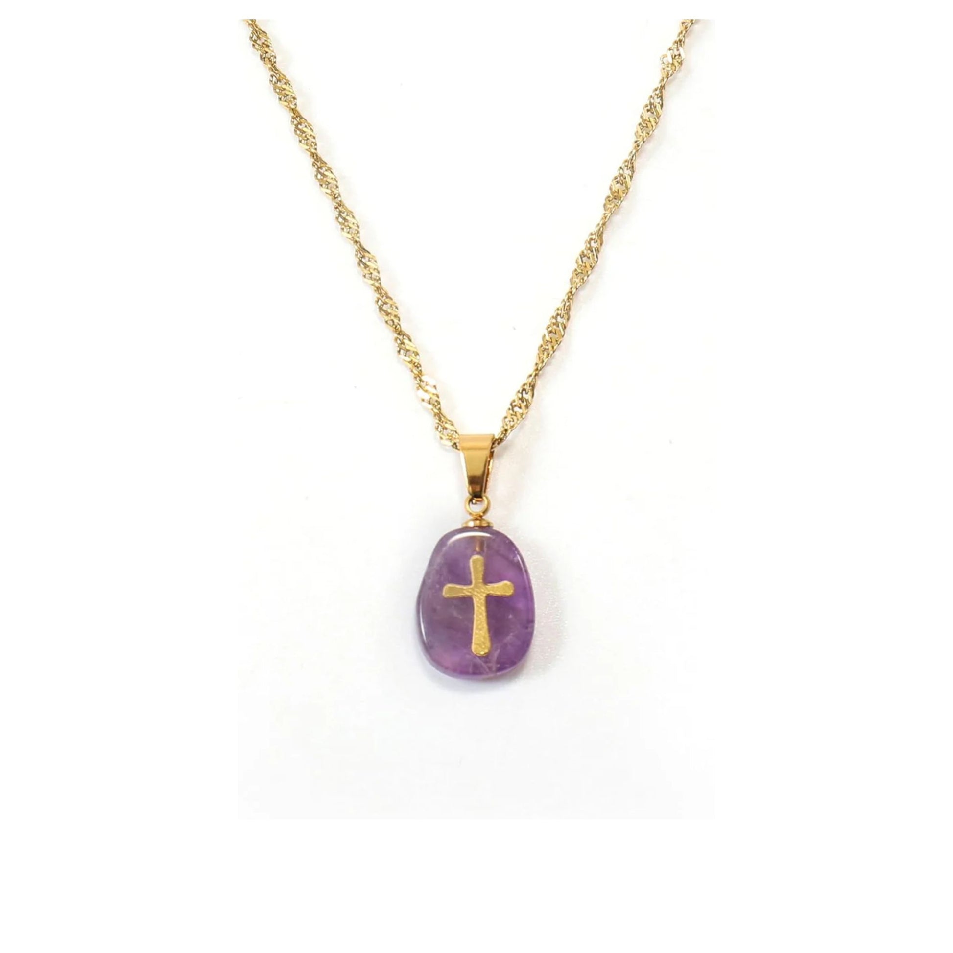 Natural Purple Amethyst Crystal Stone Cross Pendant, 18K Gold, Catholic Jewelry for Women & Men Nazareth Store