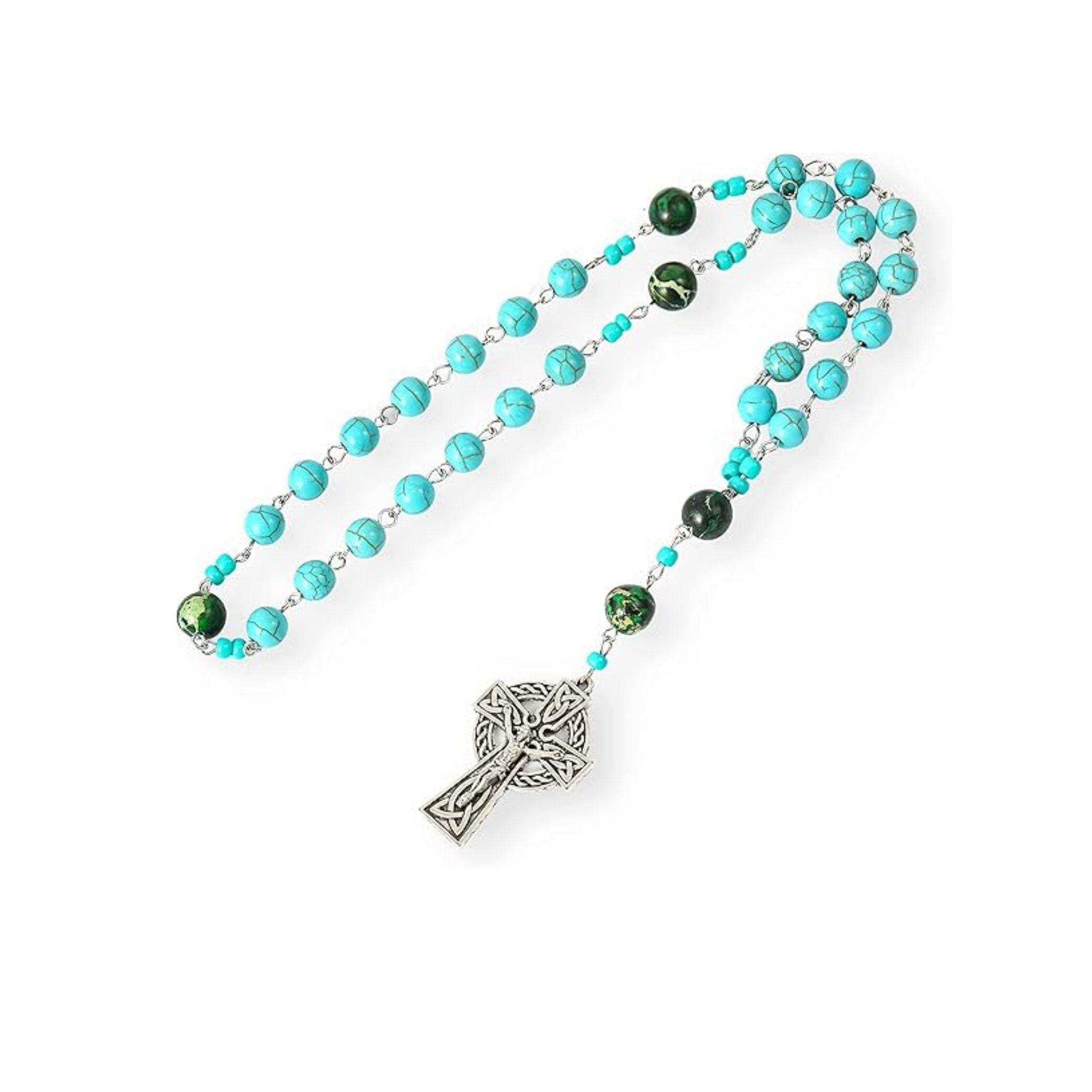 Turquoise Gemstone Beads Rosary Metal Beaded Prayer Rosary Celtic Cross Crucifix - Nazareth Store