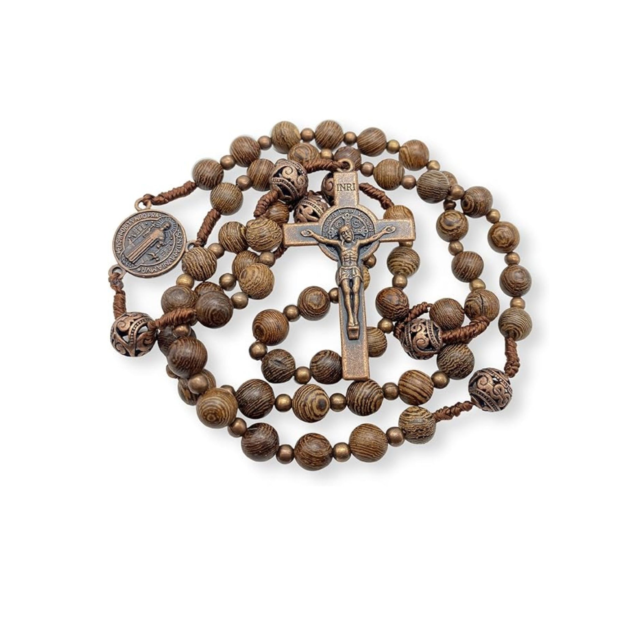 Sacred Wooden Rosary St Benedict Solid Wood & Metal Beads Catholic Chaplet 20" Nazareth Store