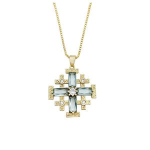 Collana con ciondolo croce turchese placcata oro e vetro cristallizzato con zirconi