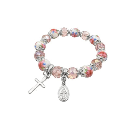 Pink Crystal Rosary Beads Bracelet Christian Cross - Nazareth Store