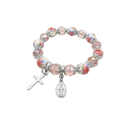 Pulsera con cuentas de cristal rosa Cruz cristiana