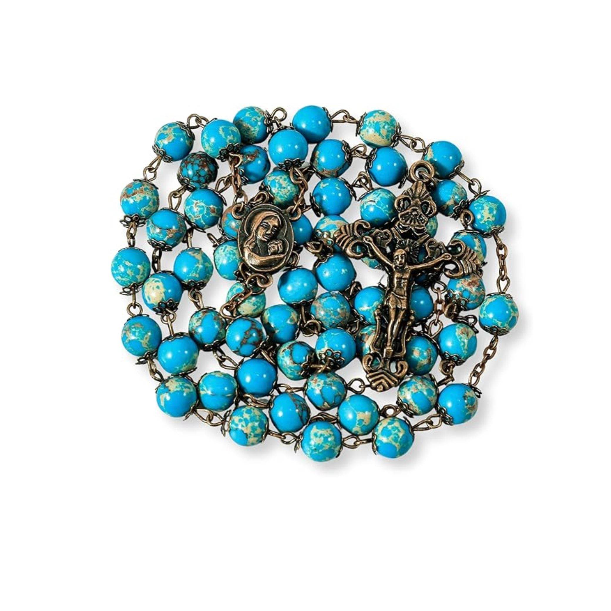Jasper Turquoise Stone Beads Rosary Necklace with Holy Soil Medal & Cross - Nazareth Store