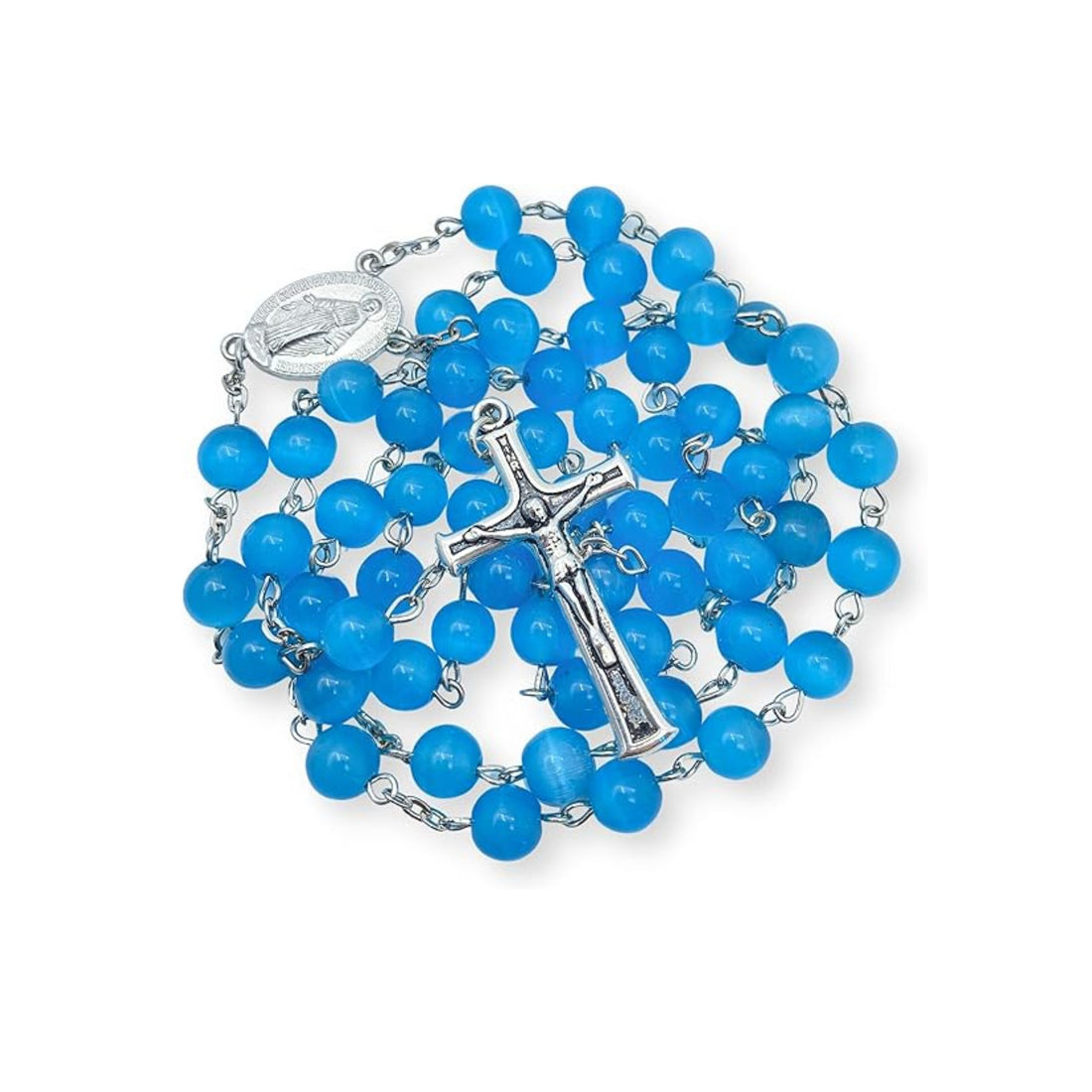 Sky Blue Rosary Cats Eye Selenite Beads Catholic Chaplet Miraculous Medal & Cross 21" Nazareth Store