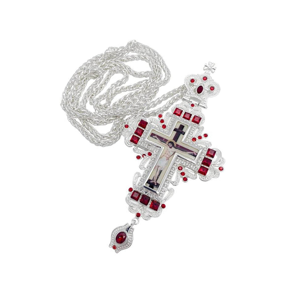 Silver Crucifix Cross Pendant Red Zircon Crystals for Priest & Bishop Clergy - Nazareth Store
