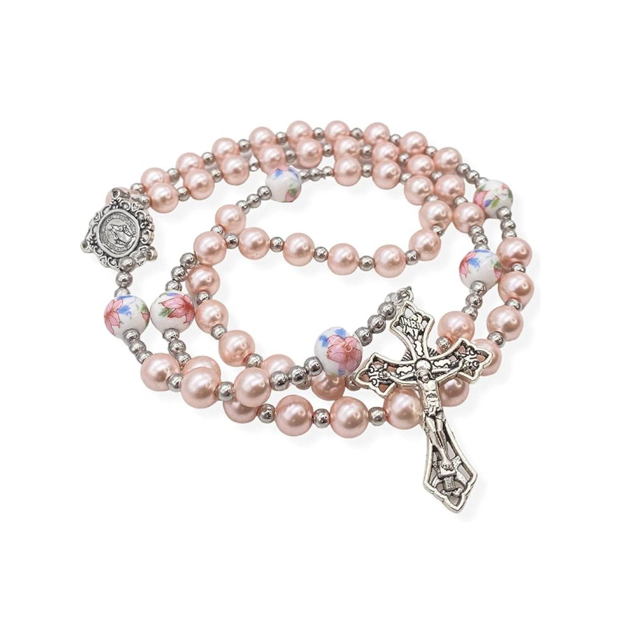 Pink Pearl Rosary Beads Necklace Miraculous Medal & Cross Crucifix - Nazareth Store
