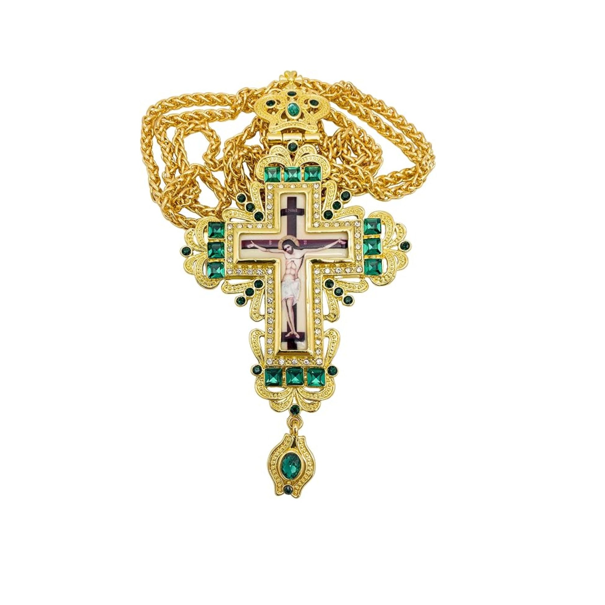 Pectoral Cross Green Zircons Crystallized Christian Priest Bishop Clergy Crucifix Pendant Necklace 21" in Gift Box Nazareth Store