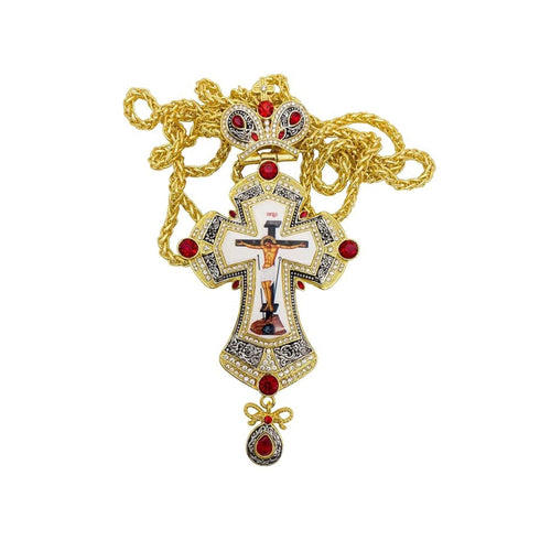 Red Crystals Gold Pectoral Cross Pendant Clergy Priest Bishop 23" Necklace