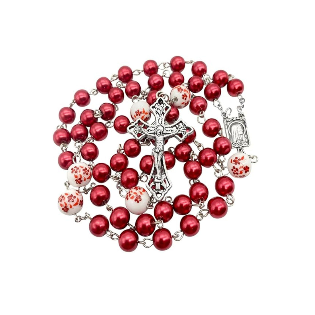 Red Pearl Beads Rosary White Flowers Necklace Lourdes Medal & Cross Crucifix Nazareth Store