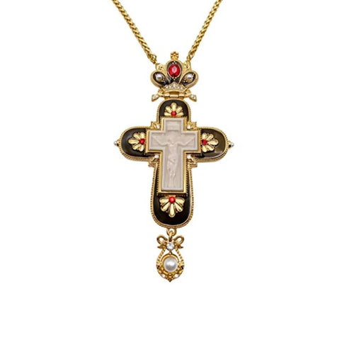 Pectoral Cross Necklace Black Enamel Crystallized Red Stones Christian Priest Bishop