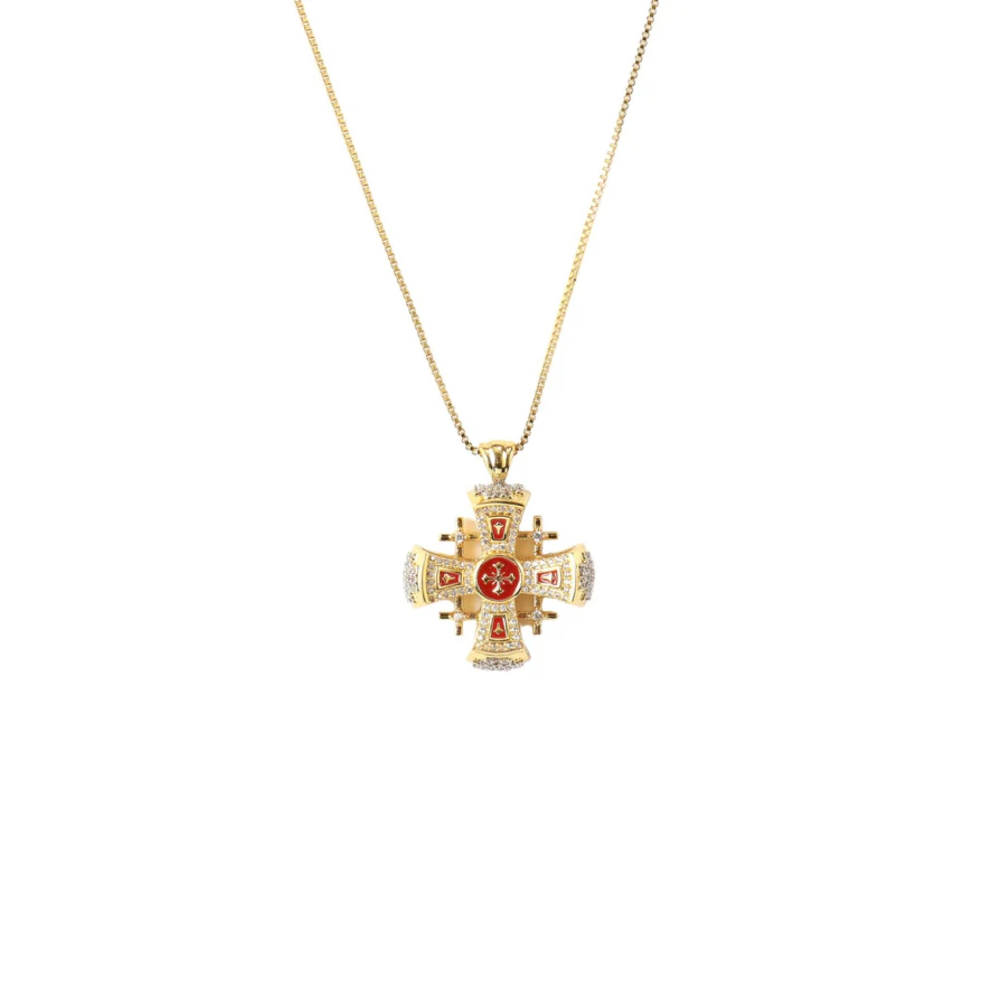 Red Enamel Jerusalem Crusader Cross Pendant Silver 925 Yellow Gold 18k Plated Rhinestones1.3" Nazareth Store