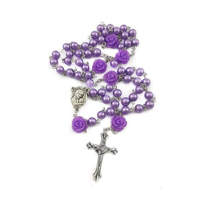 Purple Pearl Beads Rosary Necklace Our Rose Holy Soil Medal - Velvet Bag - Nazareth Store