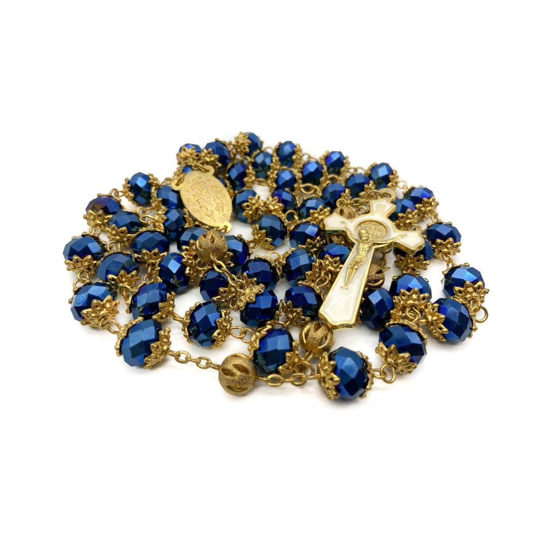 St Benedict Deep Blue Rosary Necklace 10mm Crystals Beaded Chaplet Nazareth Store