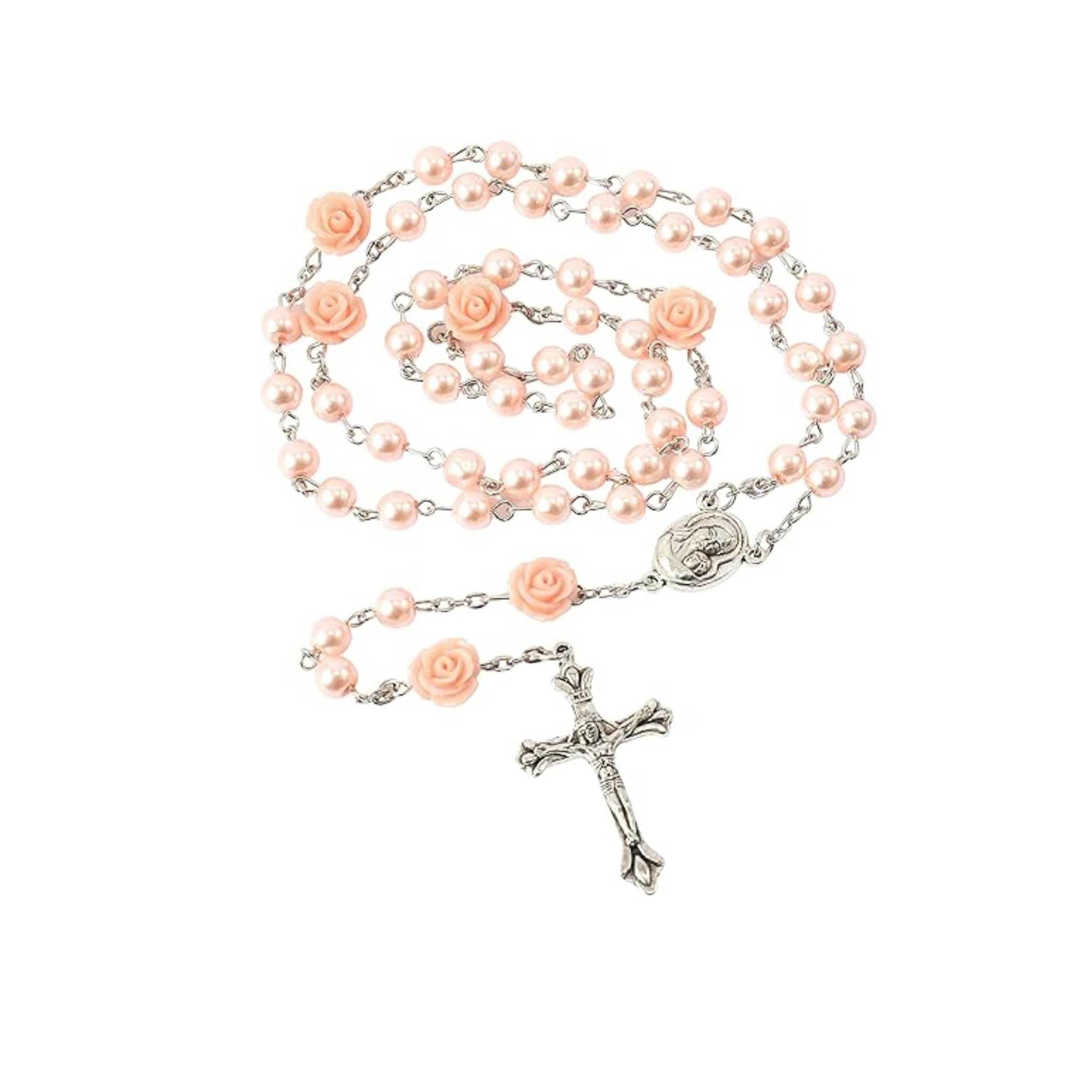 Pink Pearl Beads Rosary Necklace Our Rose Holy Soil Medal - Nazareth Store