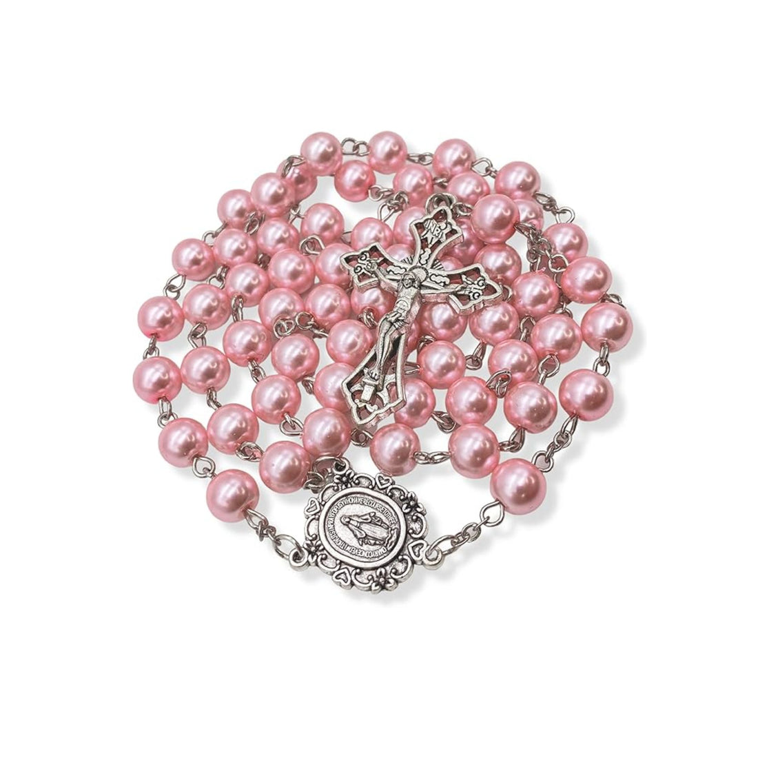 Pink Pearl Rosary Necklace Glass Beads Miraculous Medal & Cross Crucifix Nazareth Store