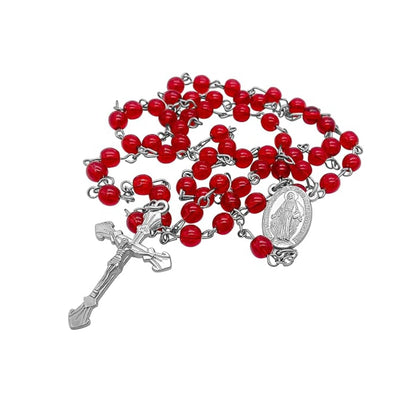 Round Red Glass Beads Rosary Necklace Miraculous Medal with Cross - Nazareth Store