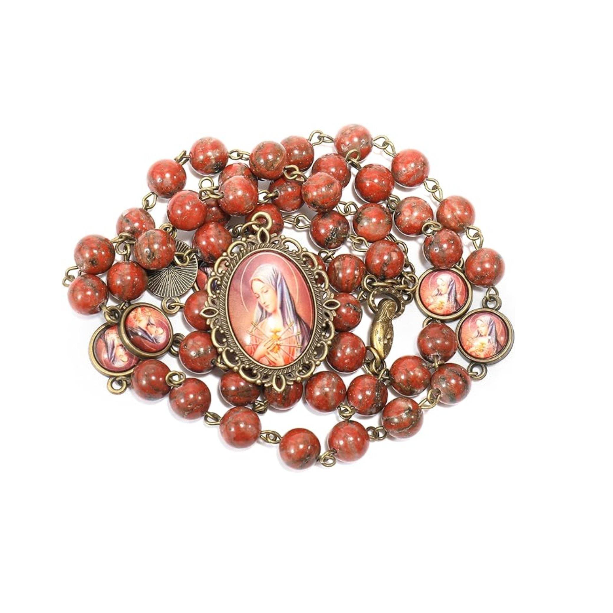 Red Coral Our Lady Sorrows Stone Beads Rosary Chaplet Necklace with Epoxy 7 Medallion - Nazareth Store