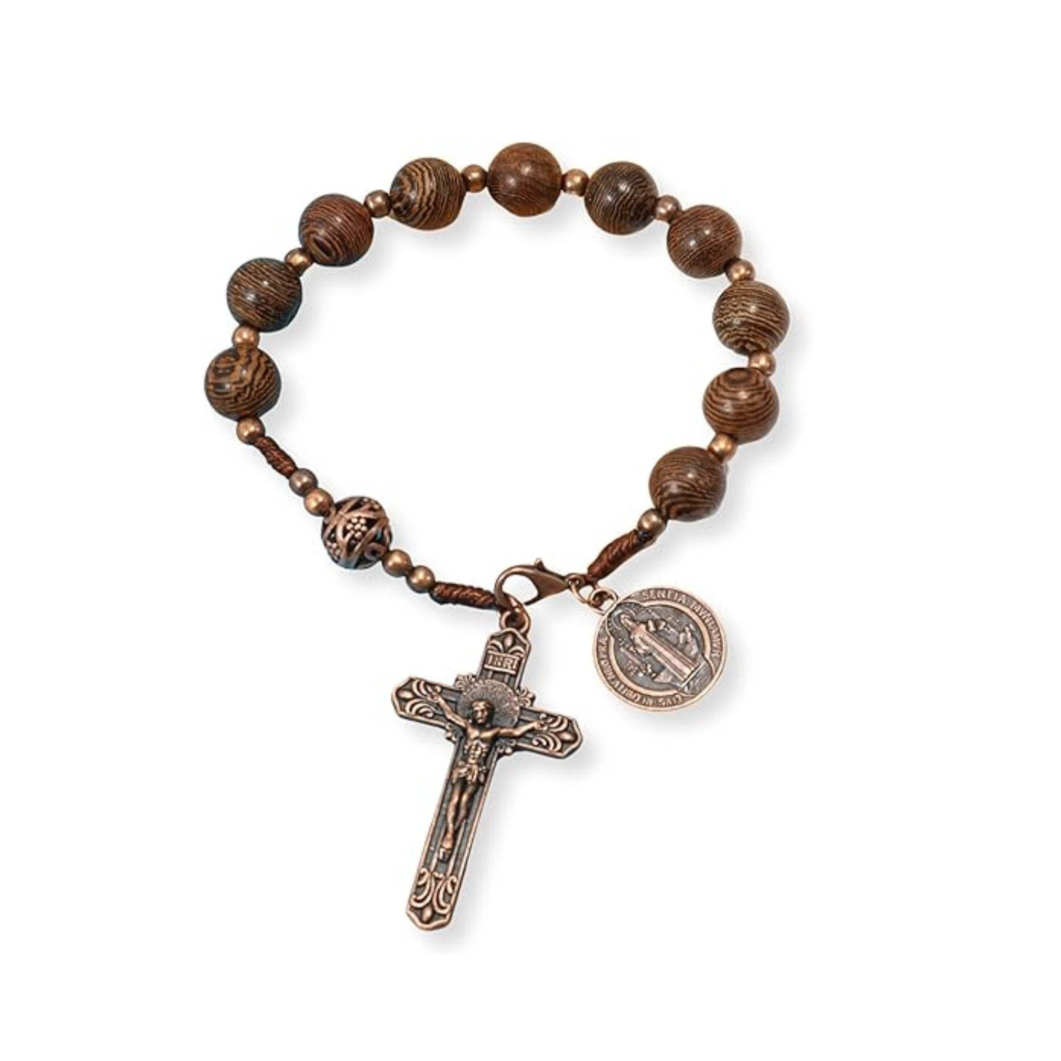 St. Benedict Wood Beads One Decade Car Mirror Beads Rosary with Cross - Nazareth Store