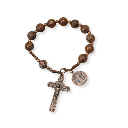 St. Benedict Wood Beads One Decade Car Mirror Beads Rosary with Cross - Nazareth Store