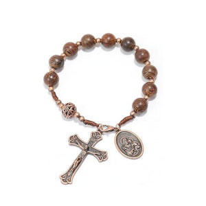 St. Joseph Wood Beads One Decade Car Mirror Beads Rosary with Jesus Cross
