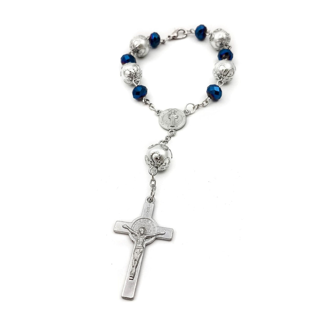 Saint Benedict Car Rosary Deep Blue Beads Chaplet Auro Rear view Jerusalem Nazareth Store