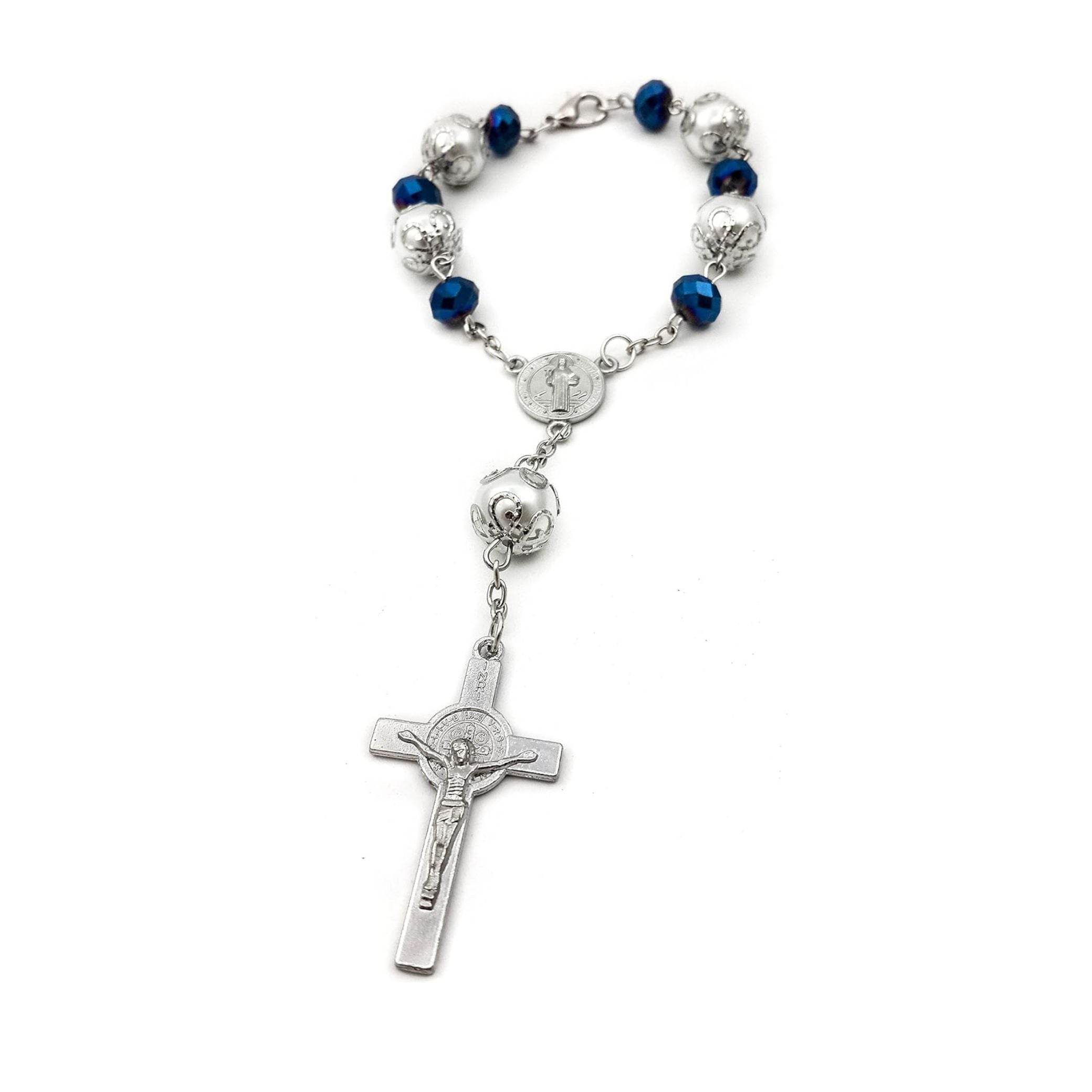 Saint Benedict Car Rosary Deep Blue Beads Chaplet Auro Rear view Jerusalem - Nazareth Store