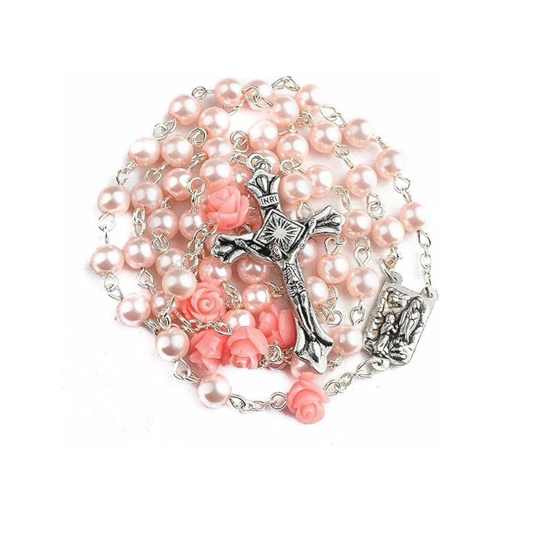 Pink Pearl Beads Rosary Necklace Our Rose Lourdes Medal - Velvet Bag Nazareth Store