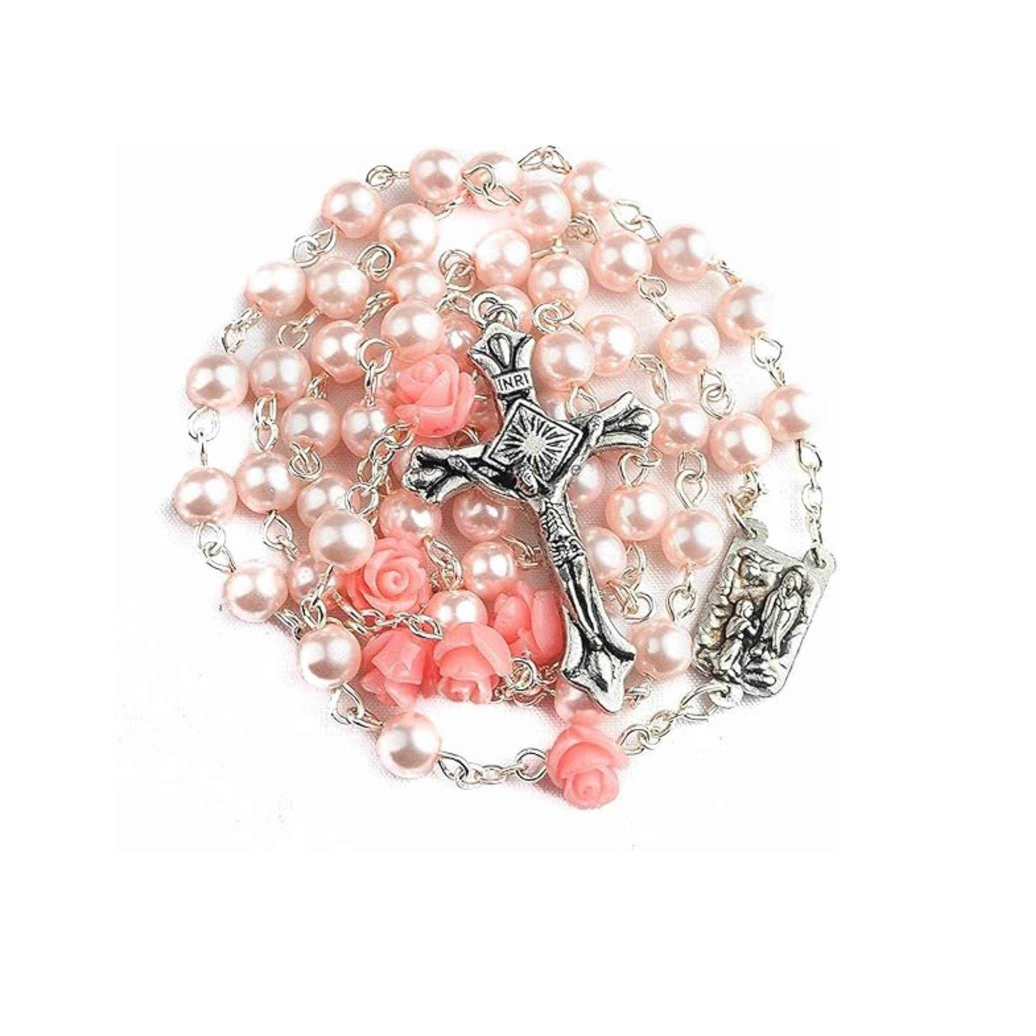 Pink Pearl Beads Rosary Necklace Our Rose Lourdes Medal - Velvet Bag