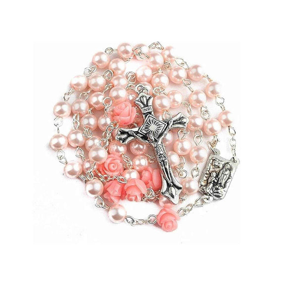 Pink Pearl Beads Rosary Necklace Our Rose Lourdes Medal - Velvet Bag - Nazareth Store