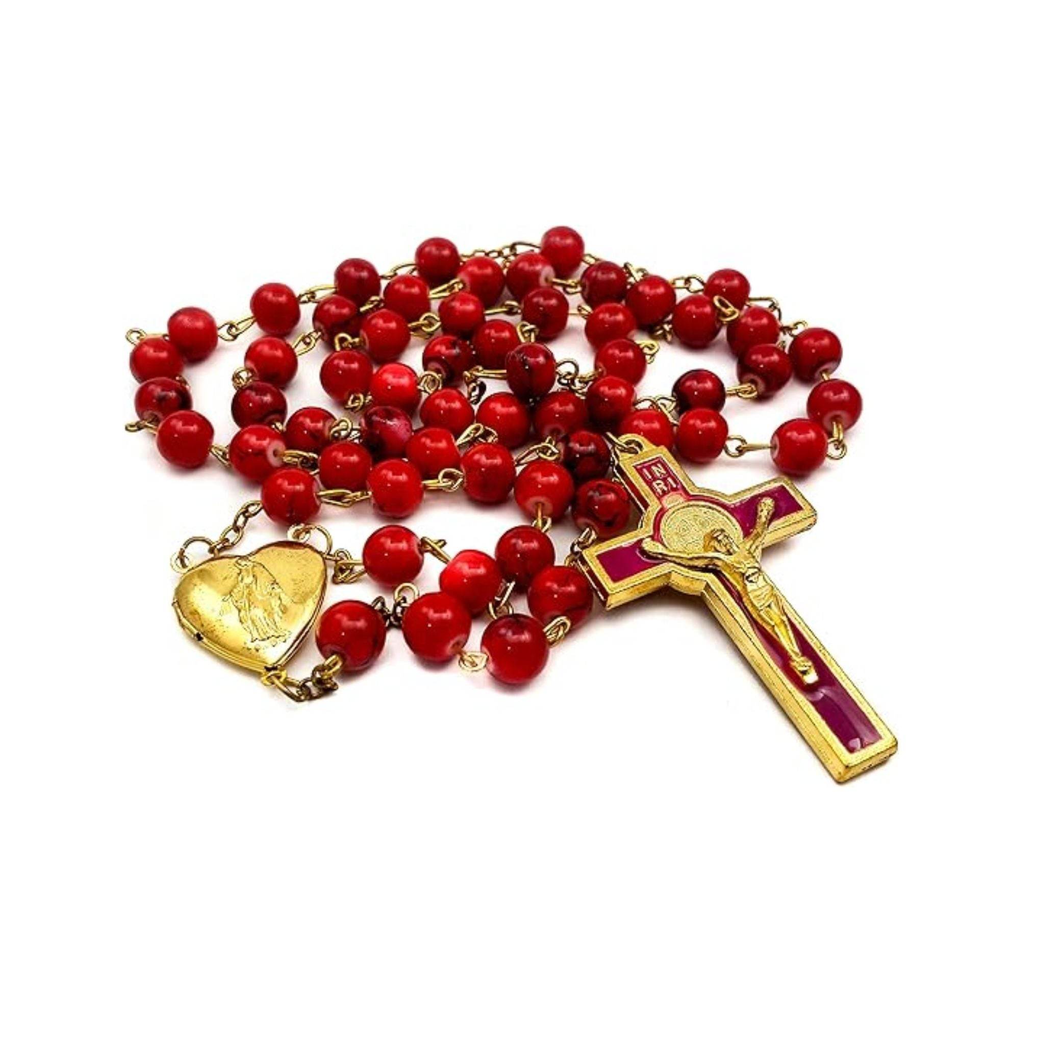 Saint Benedict Red Rosary Beads Enamel Cross Heart Shape Medal - Nazareth Store