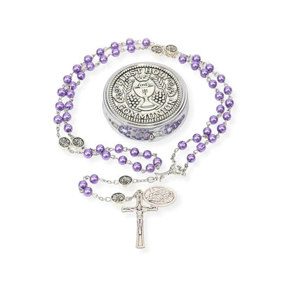 Purple Pearl Beads Communion Rosary Guardian Our Father Beads St.Micahel Medal - Nazareth Store