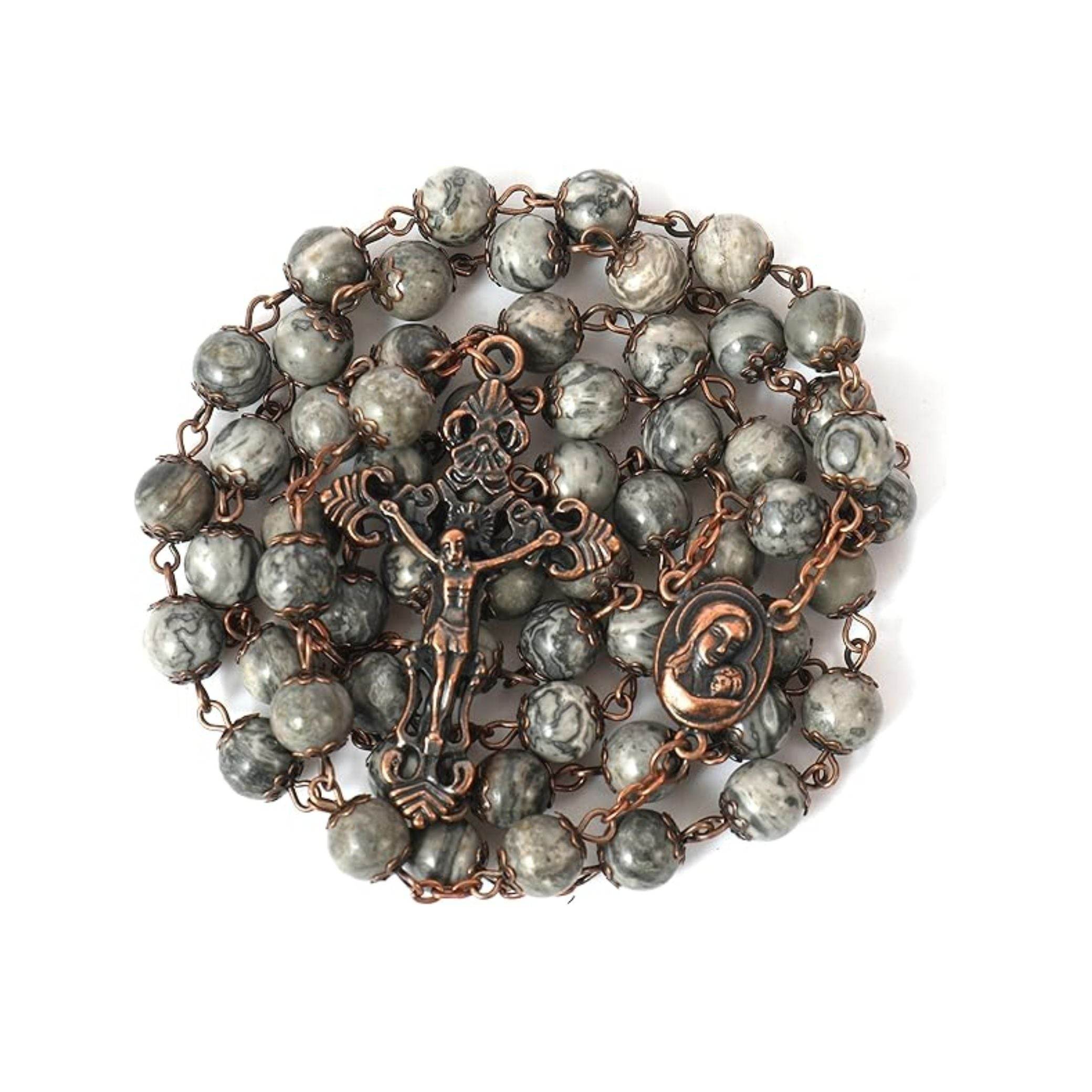 Map Stone Natural Stone Rosary Beads Necklace Holy Soil & Cross Crucifix - Nazareth Store