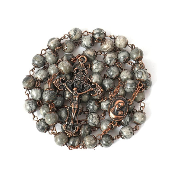 Map Stone Natural Stone Rosary Necklace with Holy Soil Medal & Crucifix Cross - Nazareth Store