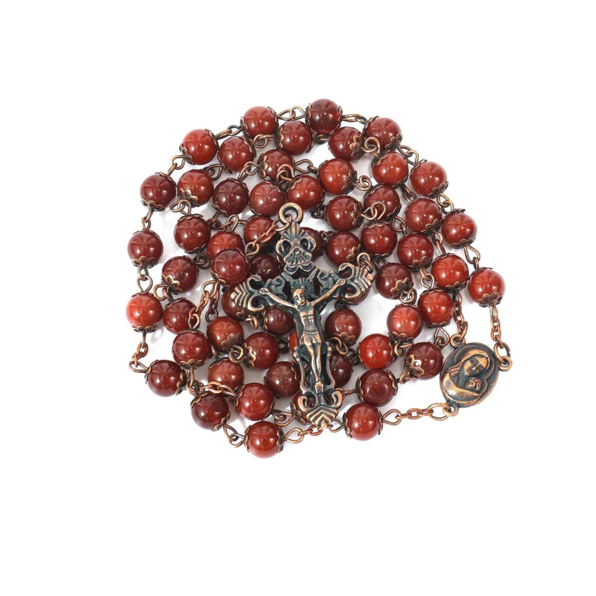 Red Carnelian Natural Stone Rosary Necklace with Holy Soil Medal & Crucifix Cross - Nazareth Store