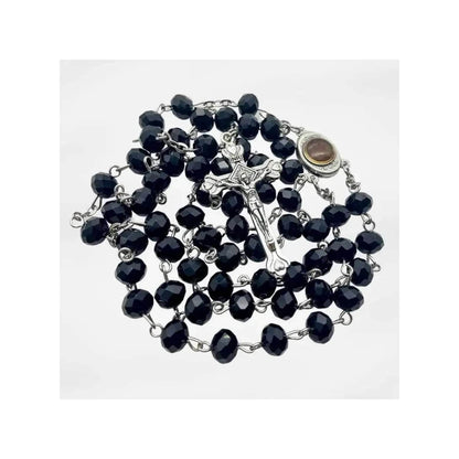 Black Crystal Beads Rosary Necklace Holy Soil Medal & Crucifix - Nazareth Store