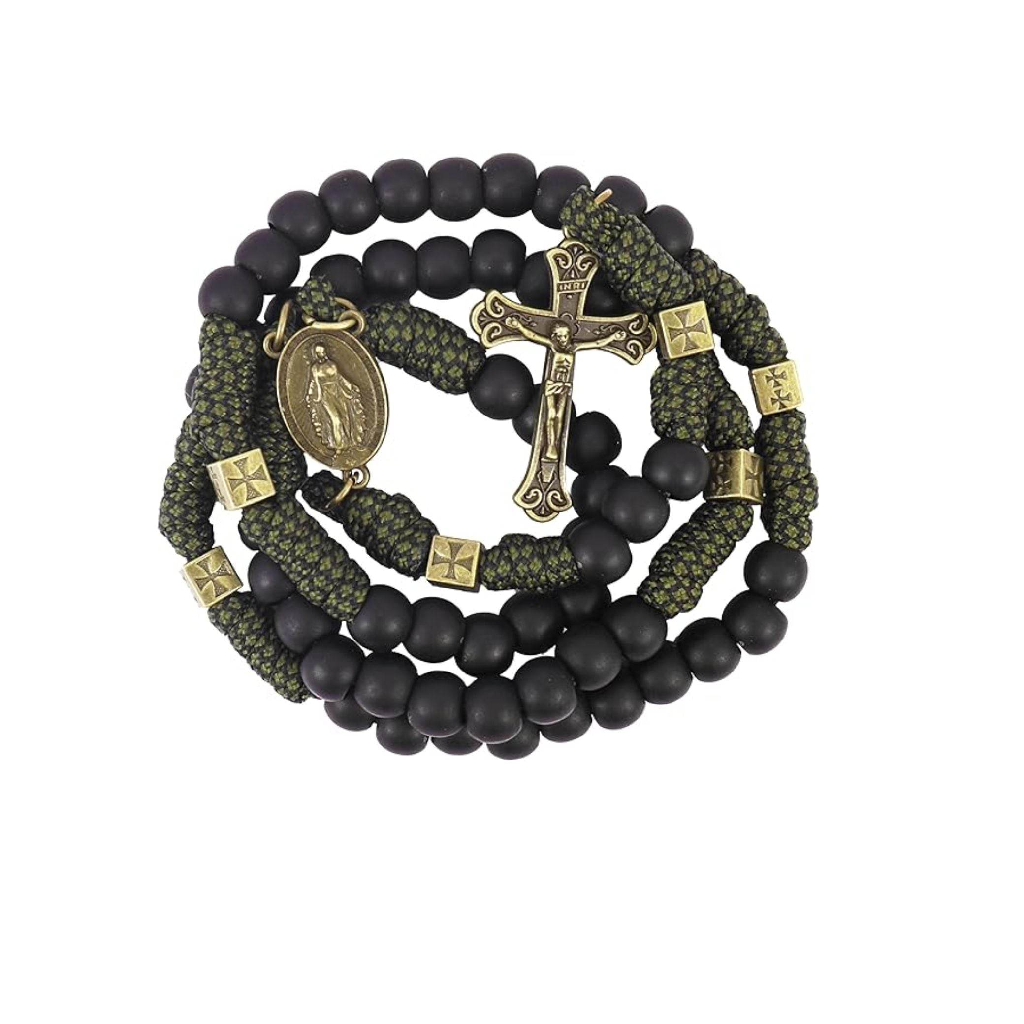 Antique Bronze Black Matte Prayer Beads Paracord Rosary Necklace with and Jesus Cross and Miraculous Medal - Nazareth Store