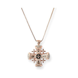 Ciondolo croce di Gerusalemme 1.3" placcato oro rosa con smalto nero e pietre CZ trasparenti