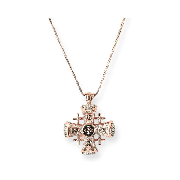 Black Enamel Jerusalem Cross Pendant 1.3" Gold Plating Clear Rhinestones Nazareth Store