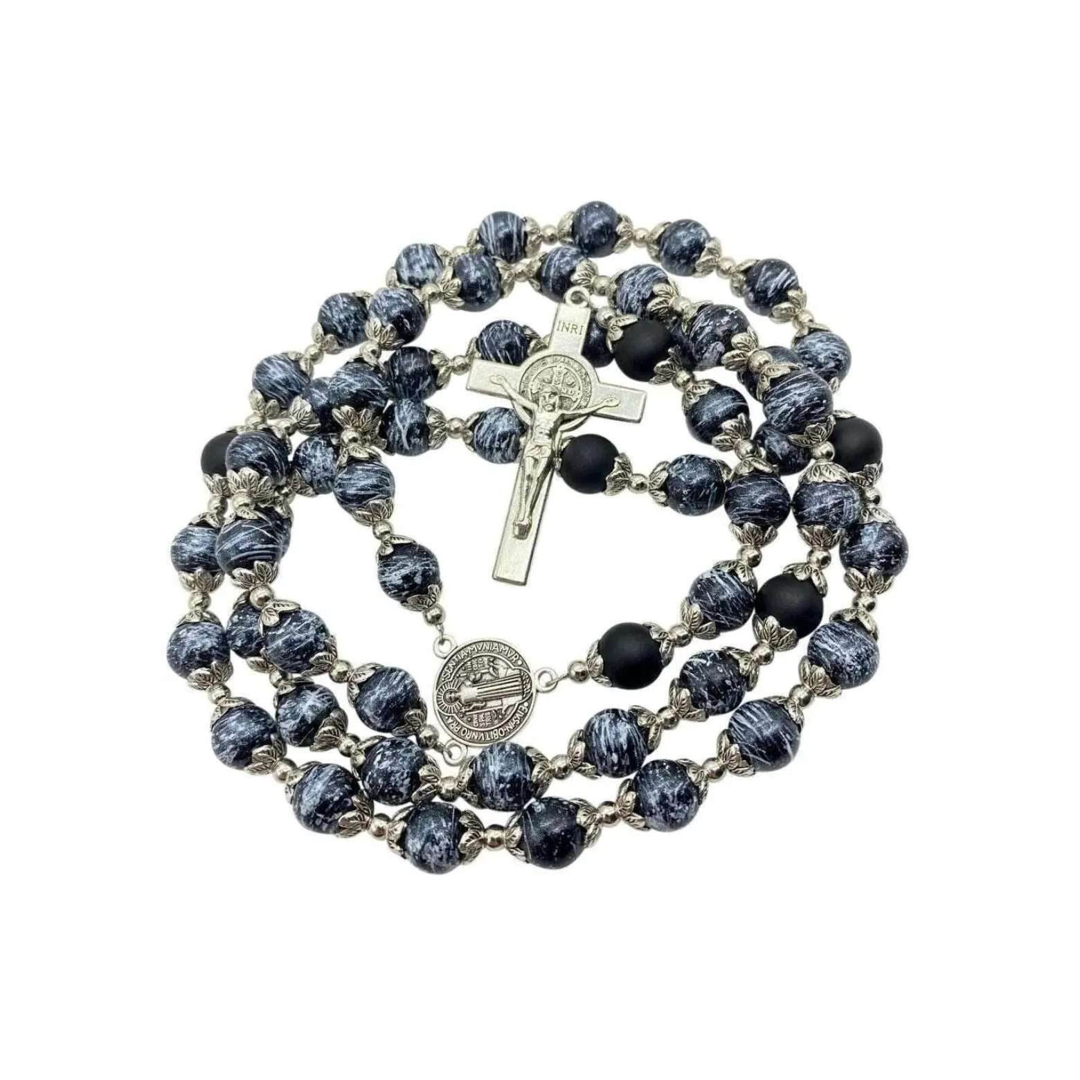 Black Glass Agate Beads Rosary Necklace Medal Cross - Nazareth Store