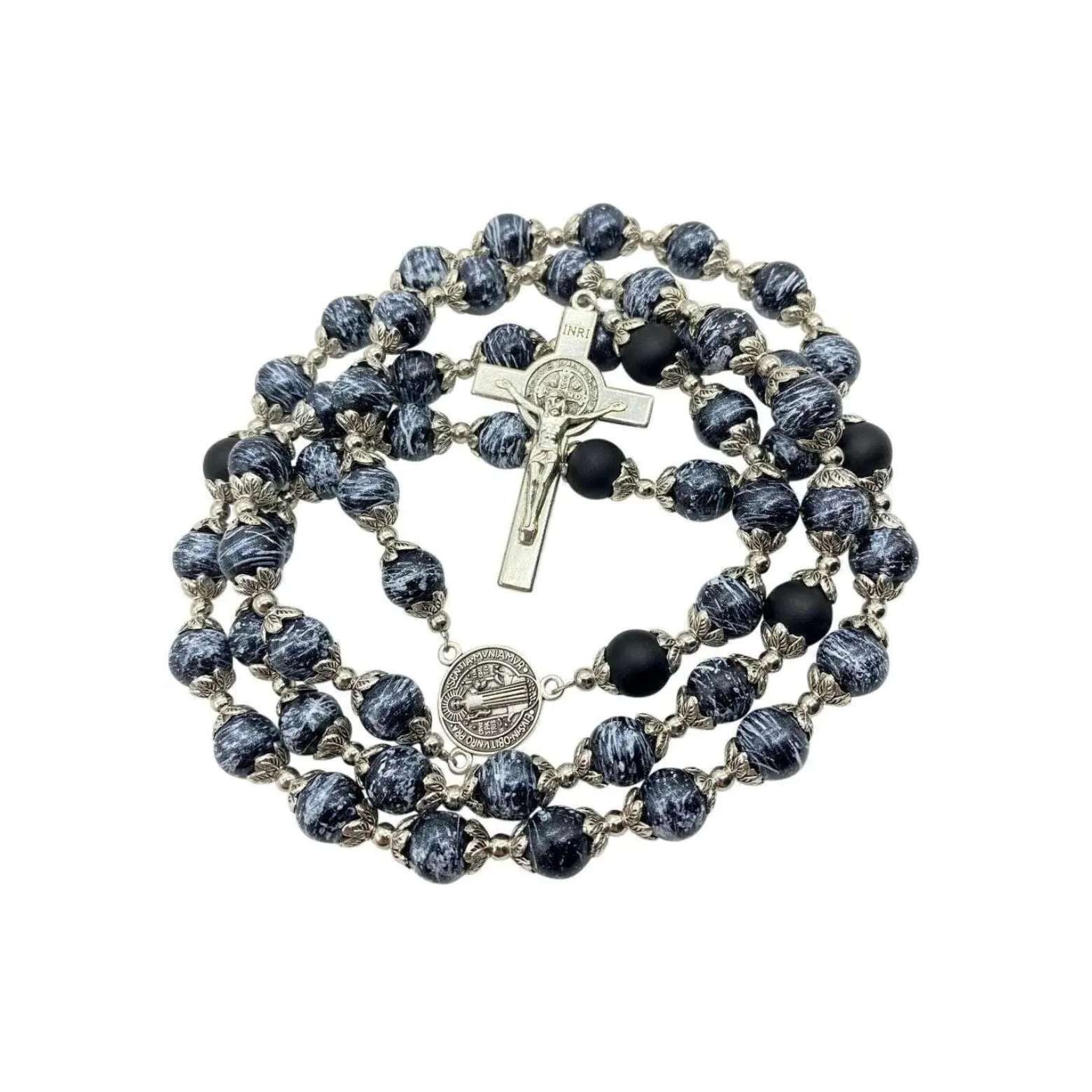 Black Glass Agate Beads Rosary Necklace Medal Cross Nazareth Store