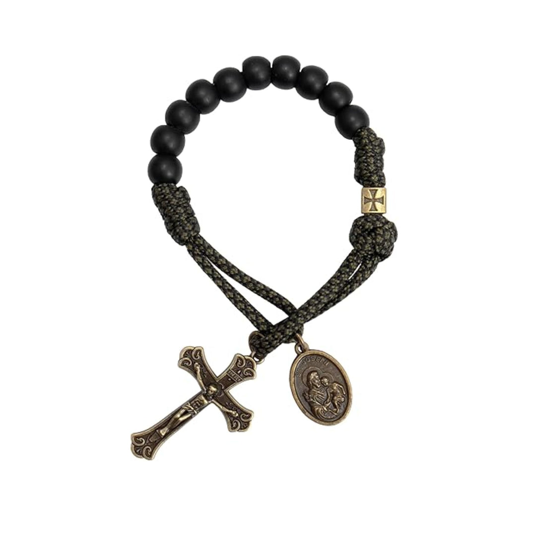 Antique Bronze One Decade Green Paracord Black Matte Beads Bracelet Jesus Cross with Miraculous Medal Nazareth Store