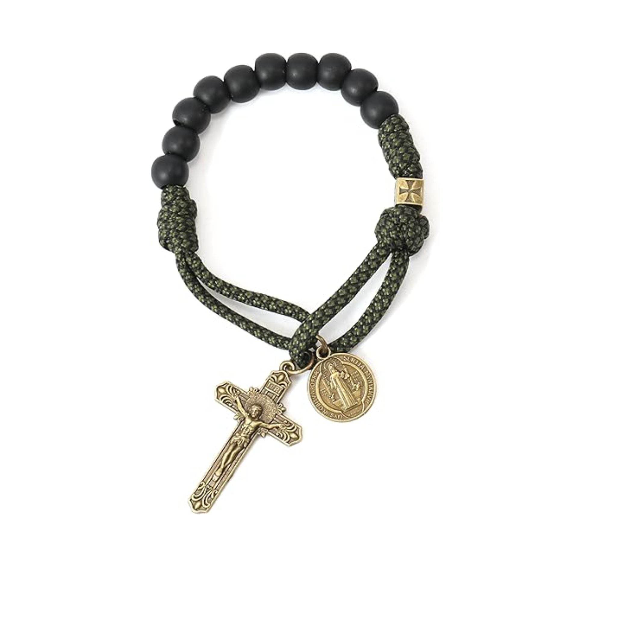 Antique Bronze One Decade Green Paracord Black Matte Beads St Benedict Cross Crucifix - Nazareth Store