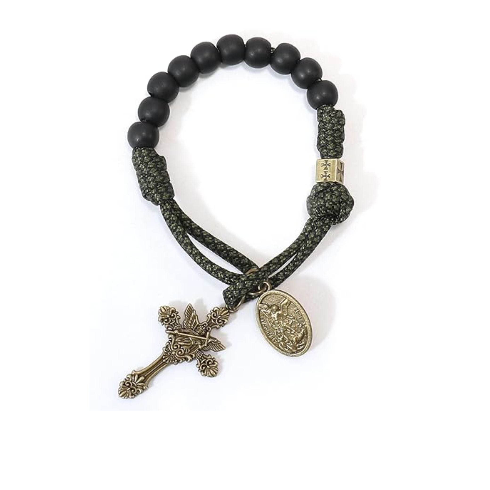 Antique Bronze One Decade Green Paracord Black Matte Beads St. Michael Cross Crucifix - Nazareth Store